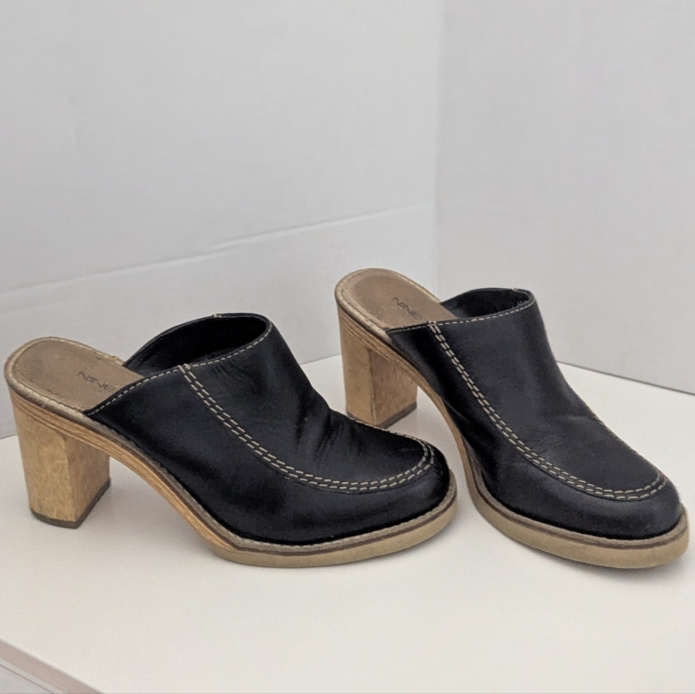 NINE WEST | leather chunky heel mules+rubber soles